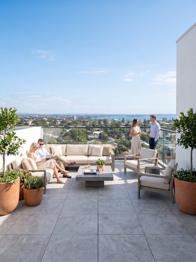 PERSPEKTYWA DEWELOPERSKA: Terraza con suelo técnico en un proyecto residencial de lujo en Wollongong