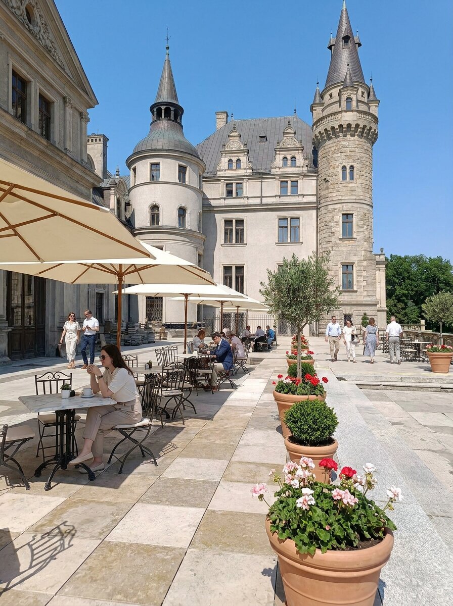 Restauración al aire libre en la terraza del castillo de Moszna, mesas de cafetería
