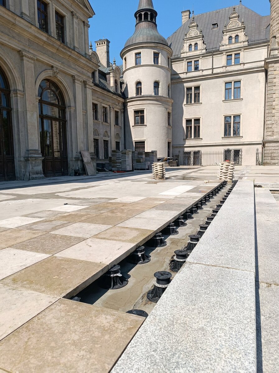 Tecnología de terraza con suelo técnico en el castillo de Moszna, rejilla negra