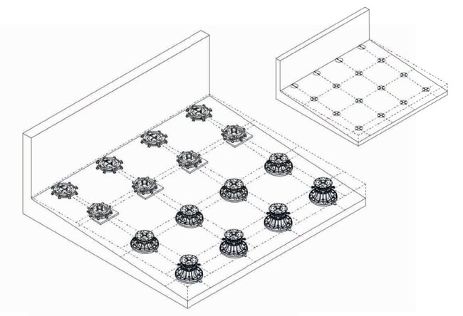 Esquema de disposición de plots soporte bajo baldosas sobre base con pendiente