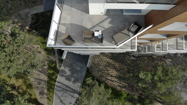 Aerial view of a rooftop terrace with finished pavers
