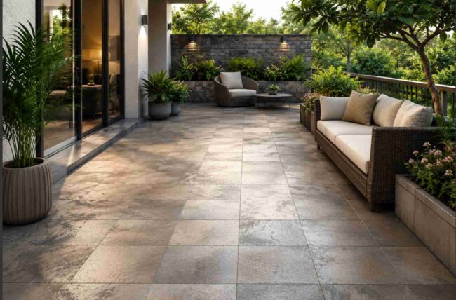 Modern terrace with porcelain tiles and rattan garden furniture
