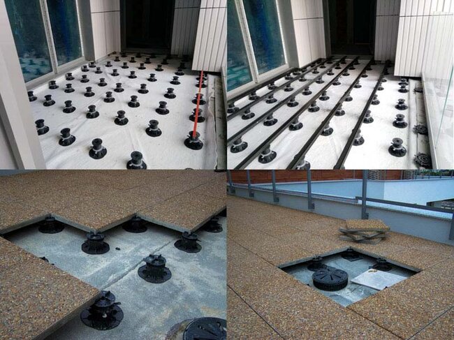 Estructura de terraza elevada sobre soportes, montaje de baldosas y vigas