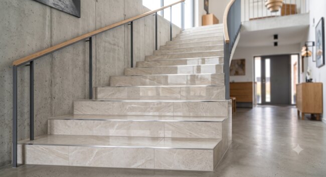Modernas escaleras de gres beige en un interior industrial.