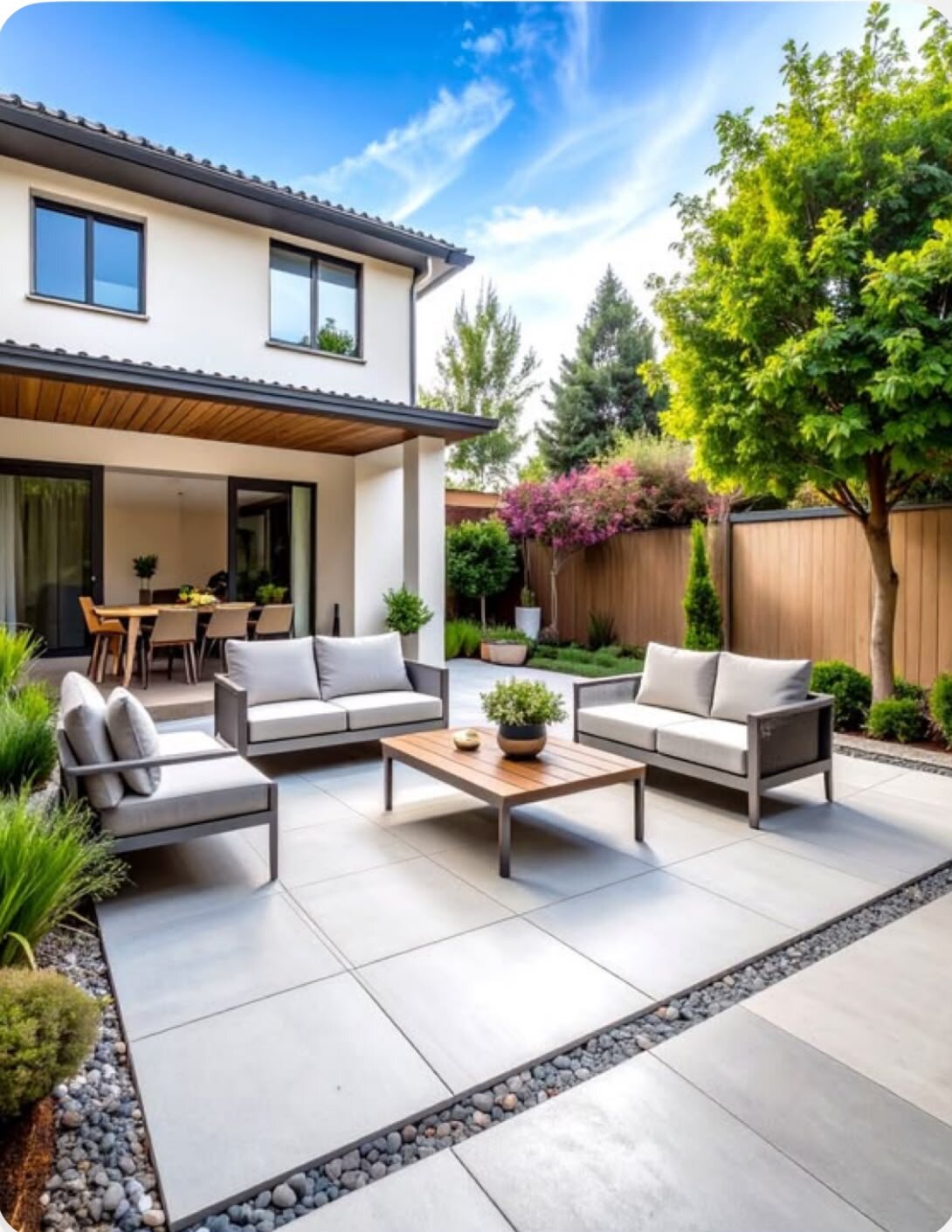 Modern terrace with light large-format pavers and lounge furniture