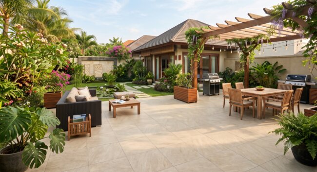 Gran terraza de jardín con baldosas cerámicas claras y muebles de descanso
