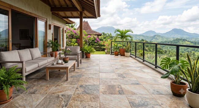 Terraza con baldosas de gres que imitan piedra natural y vistas a las montañas