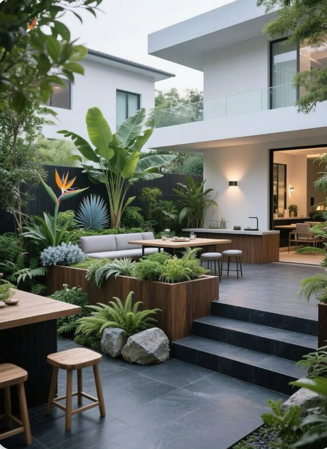 Modern terrace with wooden furniture and tropical plants by a white house.