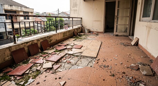 Baldosas dañadas y agrietadas en un balcón que requiere renovación