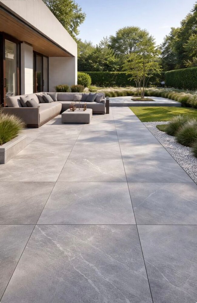 Moderno terraza con baldosas de gres grises y muebles de jardín