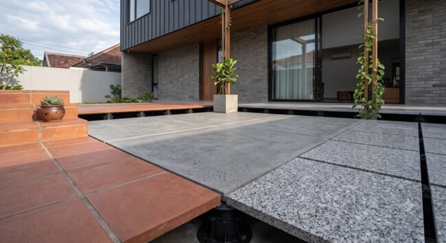 Terraza con suelo técnico sobre plots soporte con diferentes tipos de baldosas