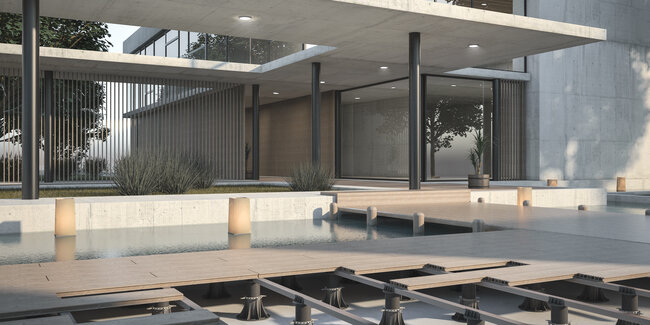 Construcción de terraza con suelo técnico con tablas y plots soporte