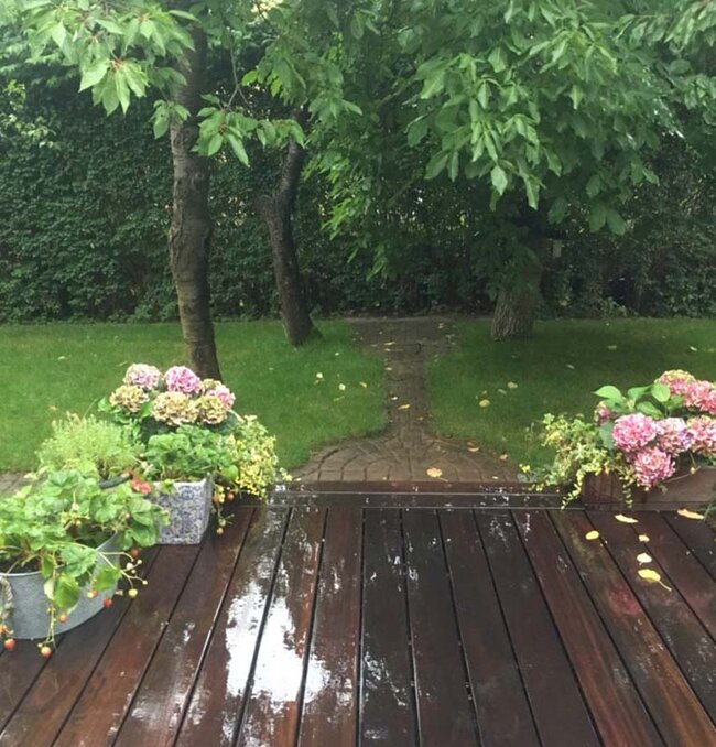 Terraza de madera mojada con macetas de flores y vista al jardín