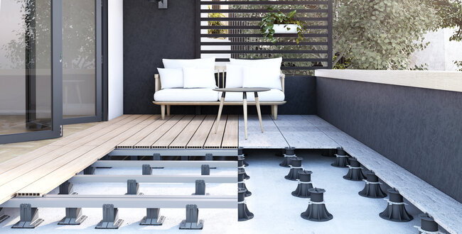 Comparación de la sección de instalación de tablas de terraza y baldosas de gres sobre plots soporte