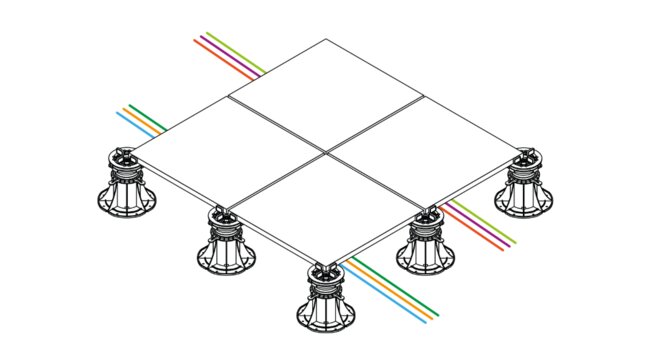 Esquema de instalación de suelo elevado sobre plots soporte regulables