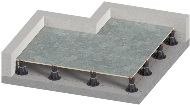 Wizualizacja tarasu wentylowanego na wspornikach regulowanych z użyciem płyt.