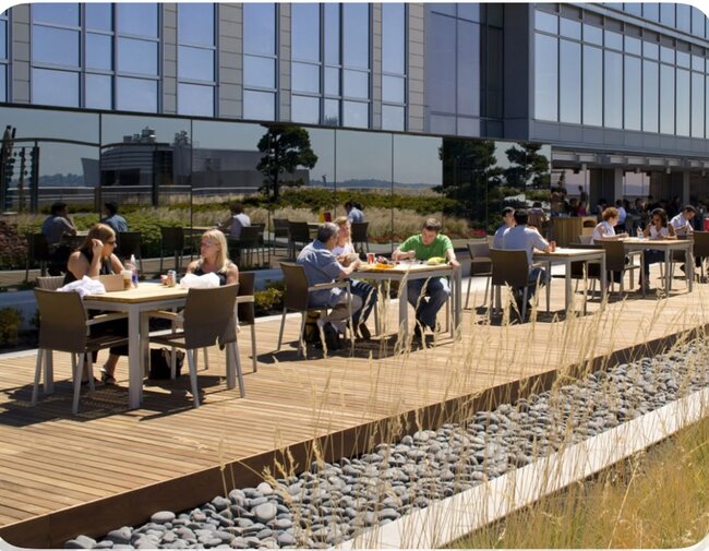 Cafetería al aire libre en terraza de madera junto al edificio de oficinas.