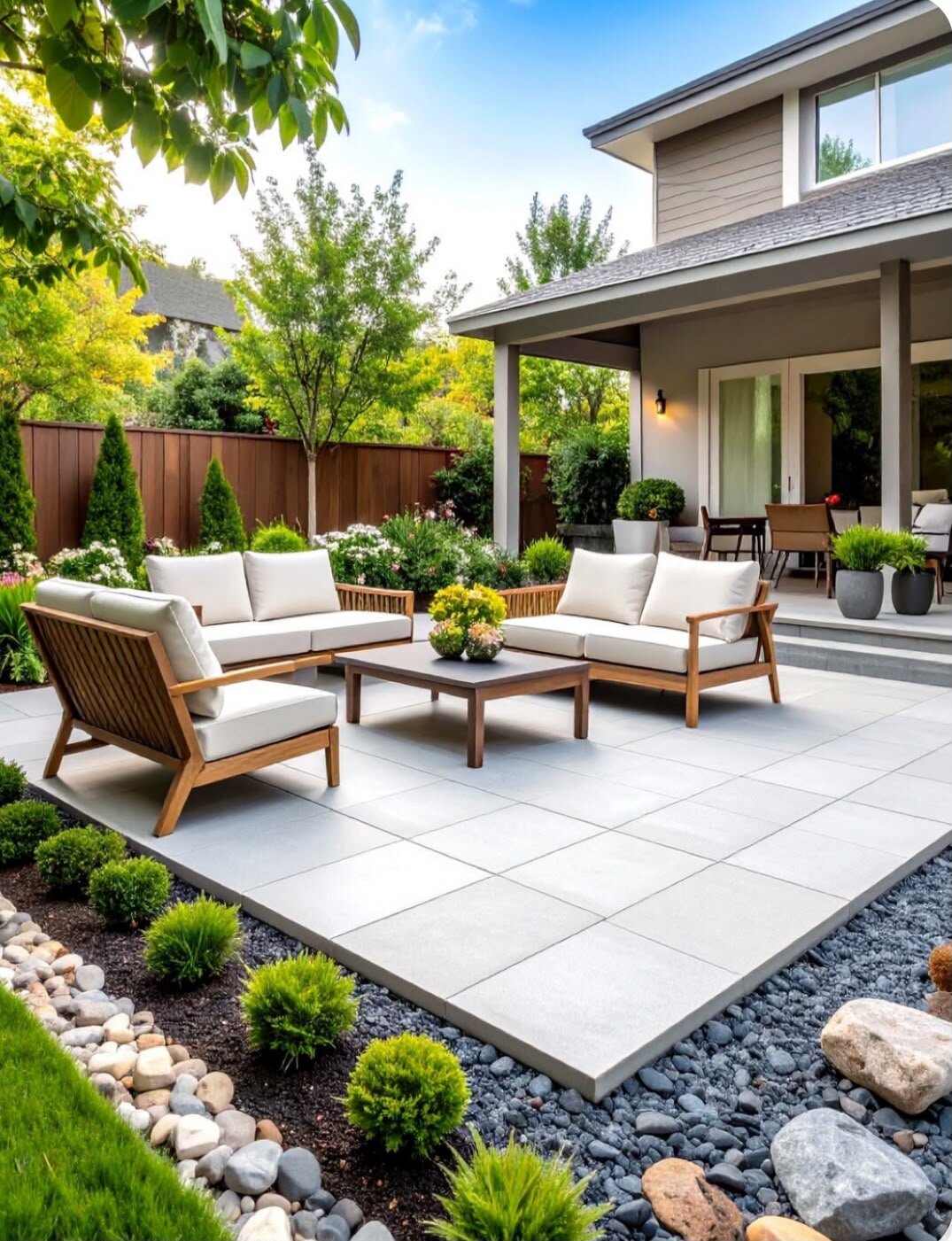 Moderno terraza con baldosas de hormigón y muebles de jardín.