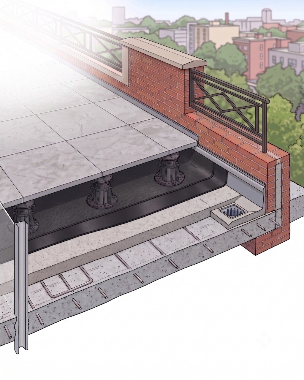 Esquema de la sección de capas de terraza con suelo técnico en cubierta con impermeabilización.