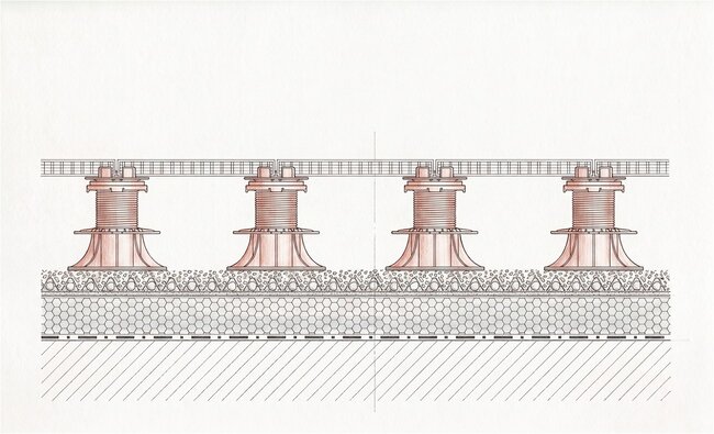 Dibujo técnico de montaje de baldosas de terraza sobre plots soporte regulables.