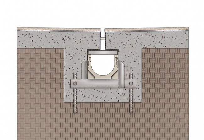 Esquema de instalación del canal de drenaje con rejilla ranurada.