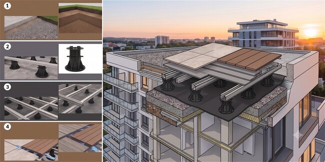 Sección de capas de terraza de azotea en sistema ventilado