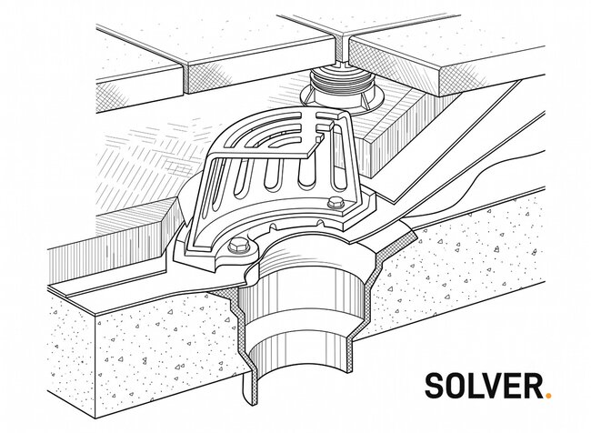 Dibujo técnico que muestra la instalación de un desagüe de cubierta en un sistema de terraza con suelo técnico.