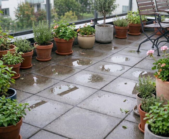 Charcos de agua estancada sobre baldosas grises de terraza en un jardín de balcón con plantas en macetas
