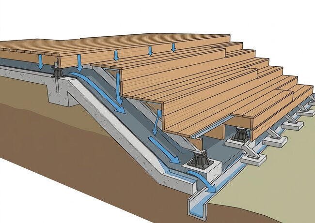 Esquema de drenaje y flujo de agua bajo escaleras de terraza de madera