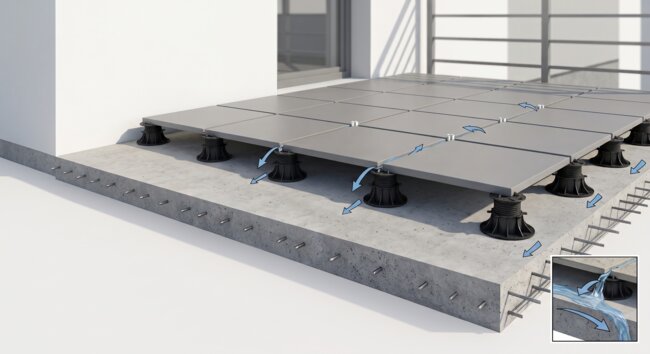 Drenaje de terraza elevada sobre plots soporte regulables para baldosas