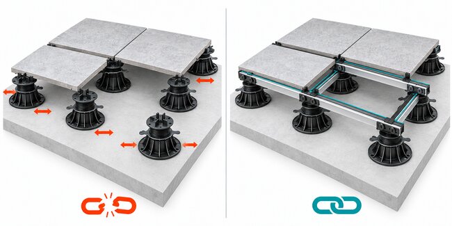 Diagrama comparativo del sistema de plots soporte de terraza sin perfiles portantes vs sistema combinado de vigas de aluminio para baldosas exteriores.