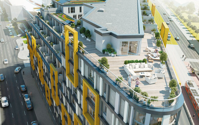 Diseño moderno de edificio comercial y residencial con una gran terraza en la azotea y terraza con baldosas.