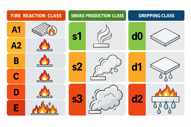 Gráfico europeo de clasificación de resistencia al fuego que muestra la reacción al fuego, la producción de humo y las evaluaciones de gotas en llamas para materiales de construcción.