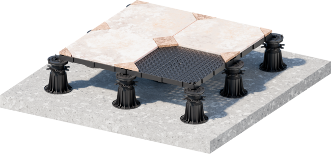 Malla de base DeckSafe montada sobre plots soporte regulables con baldosas de terraza externas.