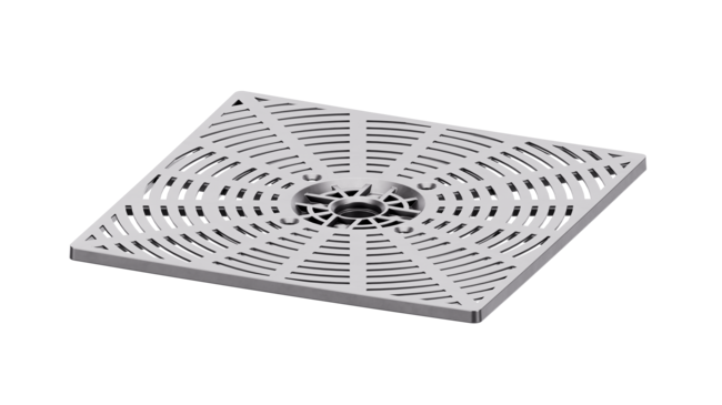 Rejilla de drenaje con ranuras cuadradas DeckSafe para terrazas exteriores y sistemas de patio.